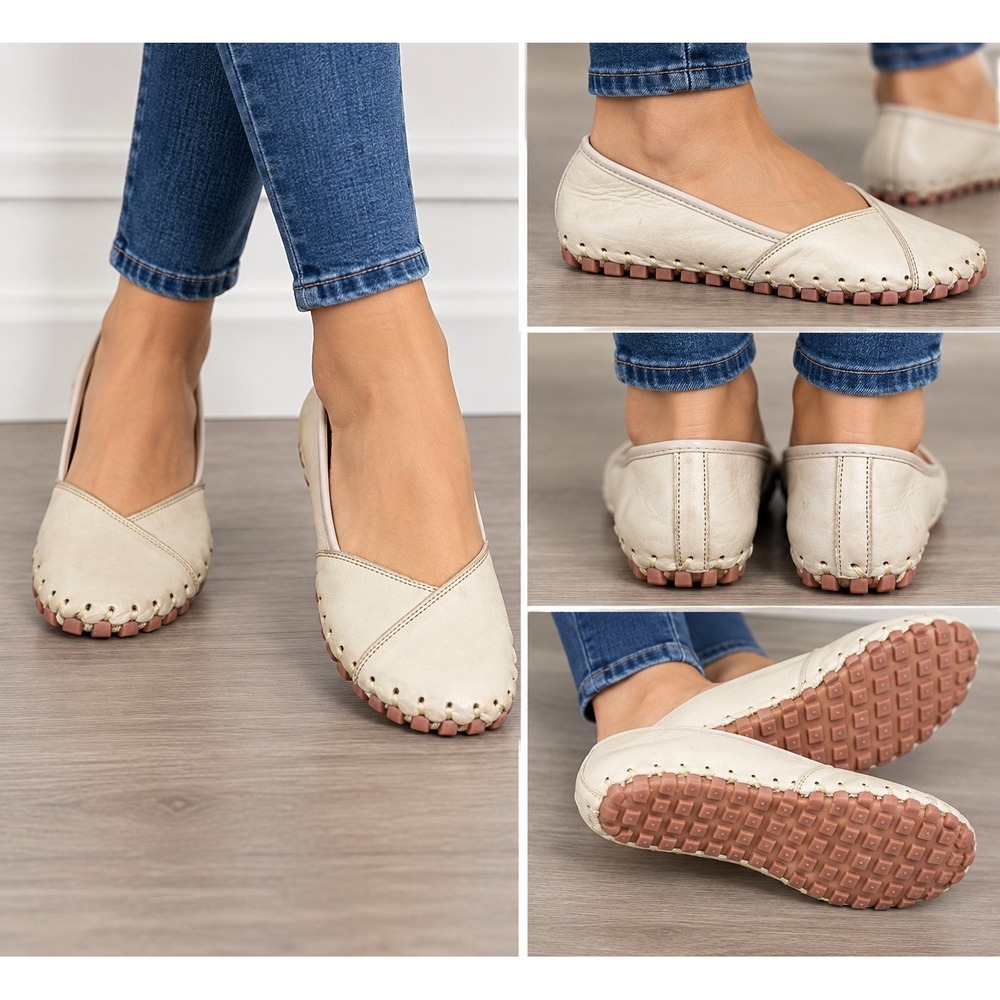 Spring Step Cream Leather Whipstitch Ballet Flats Made in Turkey Size 41